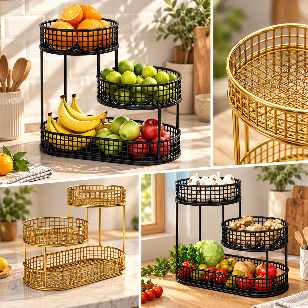 Frutero de metal, elegante organizador de aperitivos para la cocina