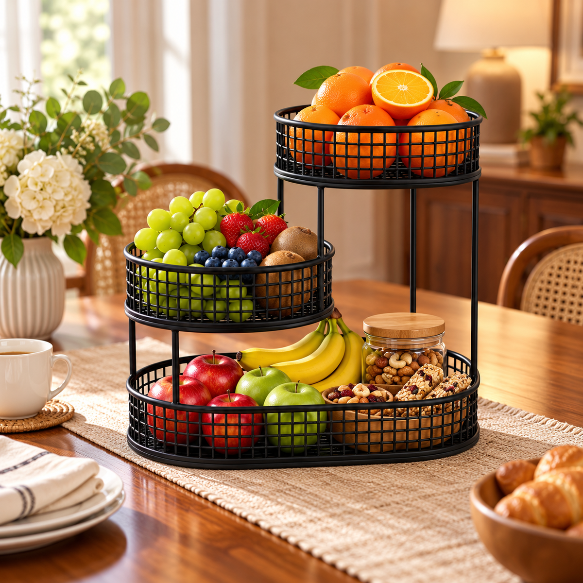 Frutero de metal, elegante organizador de aperitivos para la cocina