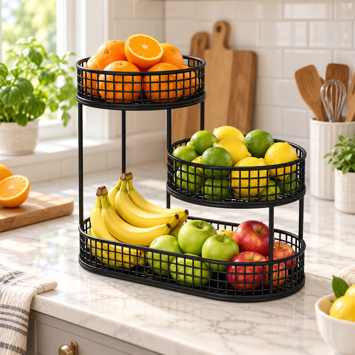 Frutero de metal, elegante organizador de aperitivos para la cocina