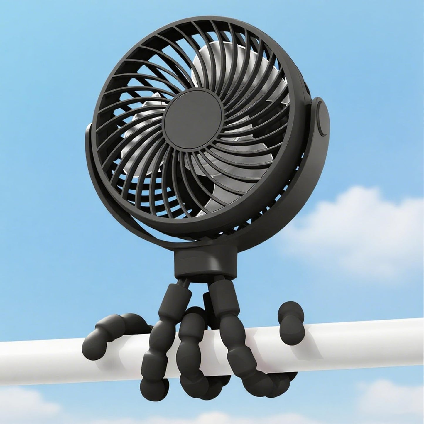 Ventilator portabil cu clemă, alimentat cu baterii, pentru cărucior