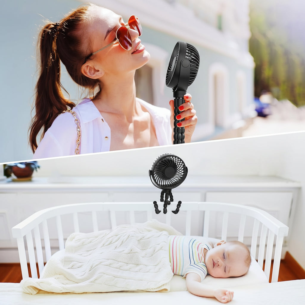 Ventilator portabil cu clemă, alimentat cu baterii, pentru cărucior
