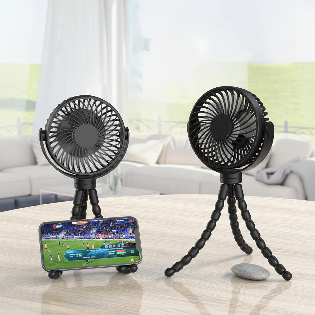 Ventilator portabil cu clemă, alimentat cu baterii, pentru cărucior