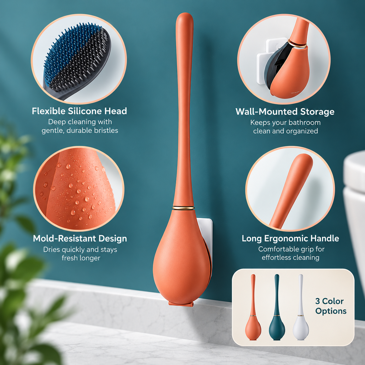 Mold Resistant Toilet Brush Wall Mounted Flexible Design