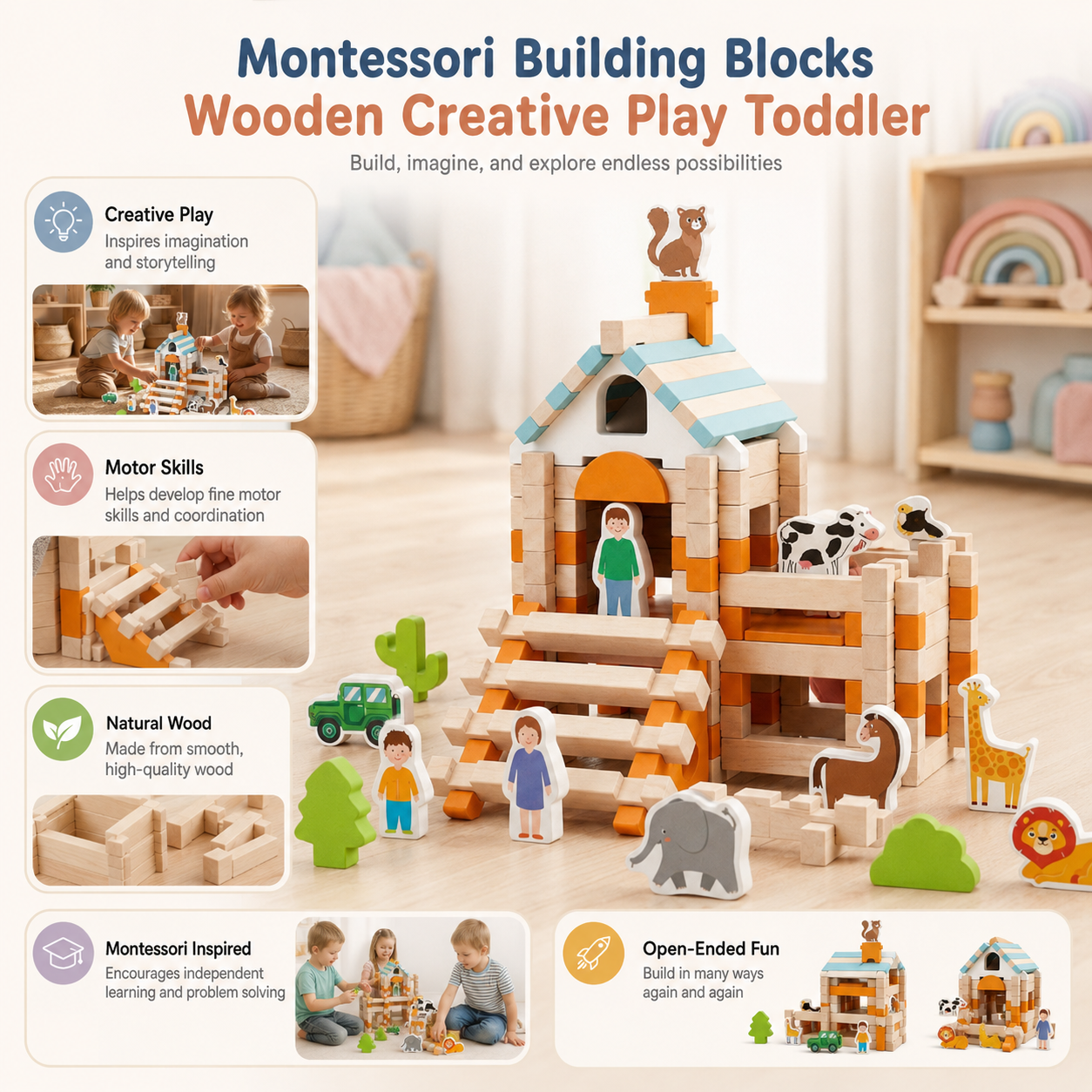 Montessori-byggeklodser i træ til kreativ leg for småbørn