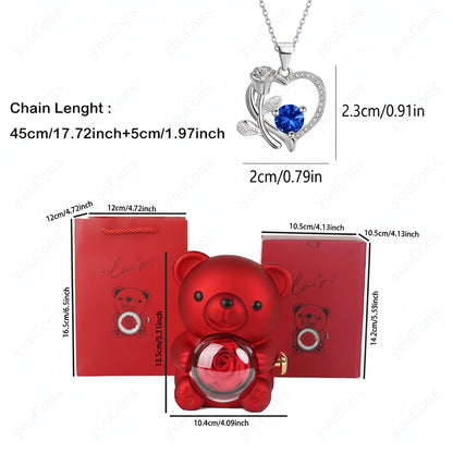 Collana Ciondolo Cuore Orso Zircone Rosa Scatola Regalo Donna