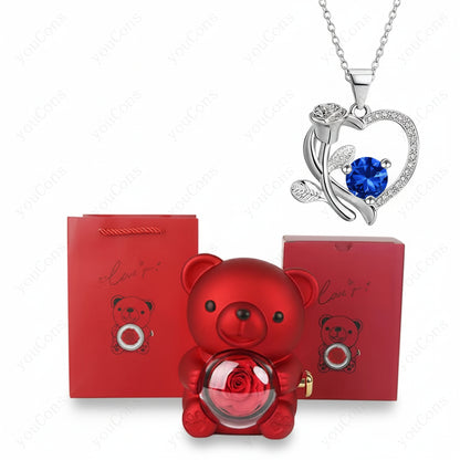 Collana Ciondolo Cuore Orso Zircone Rosa Scatola Regalo Donna
