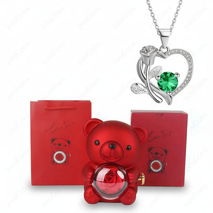 Collana Ciondolo Cuore Orso Zircone Rosa Scatola Regalo Donna