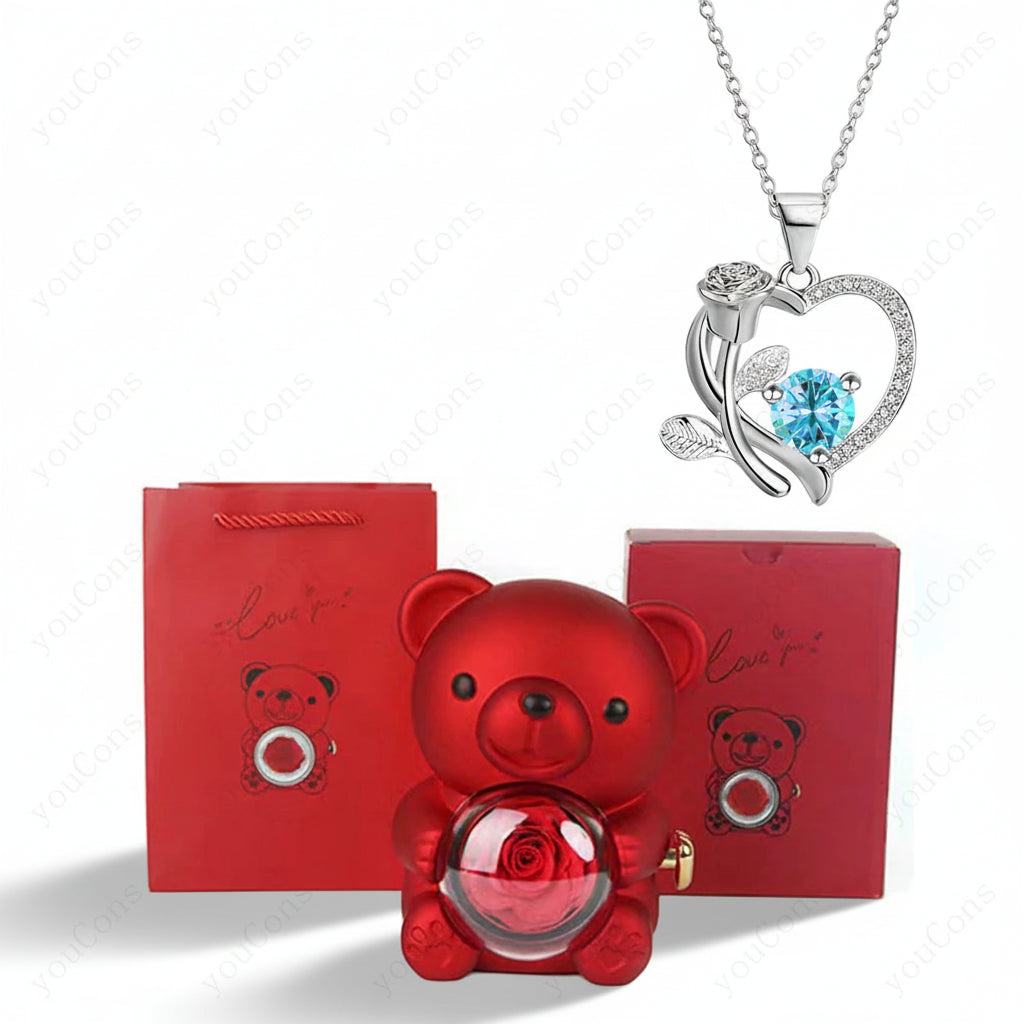 Collana Ciondolo Cuore Orso Zircone Rosa Scatola Regalo Donna