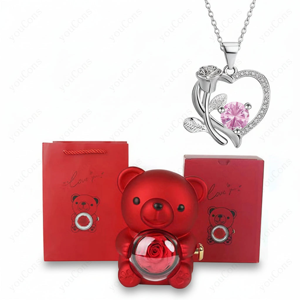 Collana Ciondolo Cuore Orso Zircone Rosa Scatola Regalo Donna