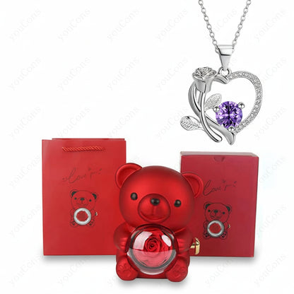 Collana Ciondolo Cuore Orso Zircone Rosa Scatola Regalo Donna