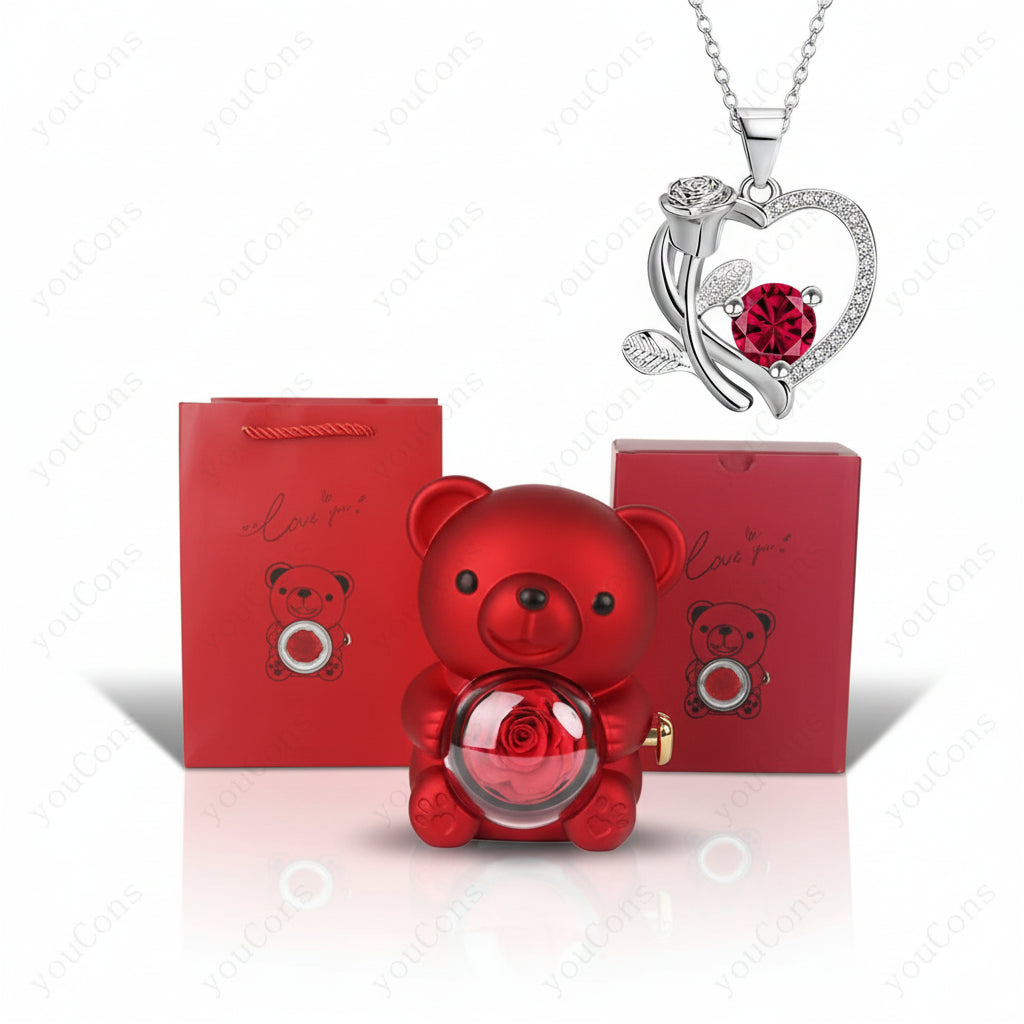 Collana Ciondolo Cuore Orso Zircone Rosa Scatola Regalo Donna