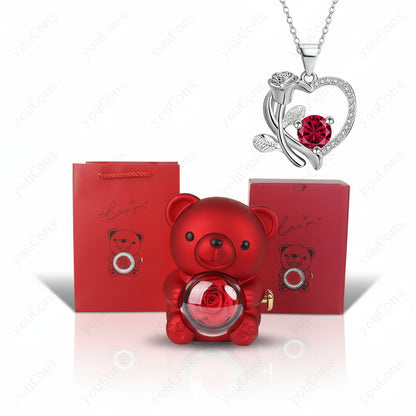 Collana Ciondolo Cuore Orso Zircone Rosa Scatola Regalo Donna