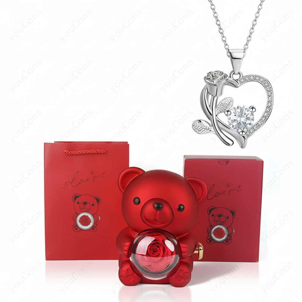 Collana Ciondolo Cuore Orso Zircone Rosa Scatola Regalo Donna