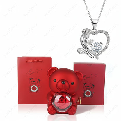 Collana Ciondolo Cuore Orso Zircone Rosa Scatola Regalo Donna