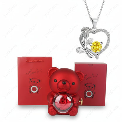 Collana Ciondolo Cuore Orso Zircone Rosa Scatola Regalo Donna