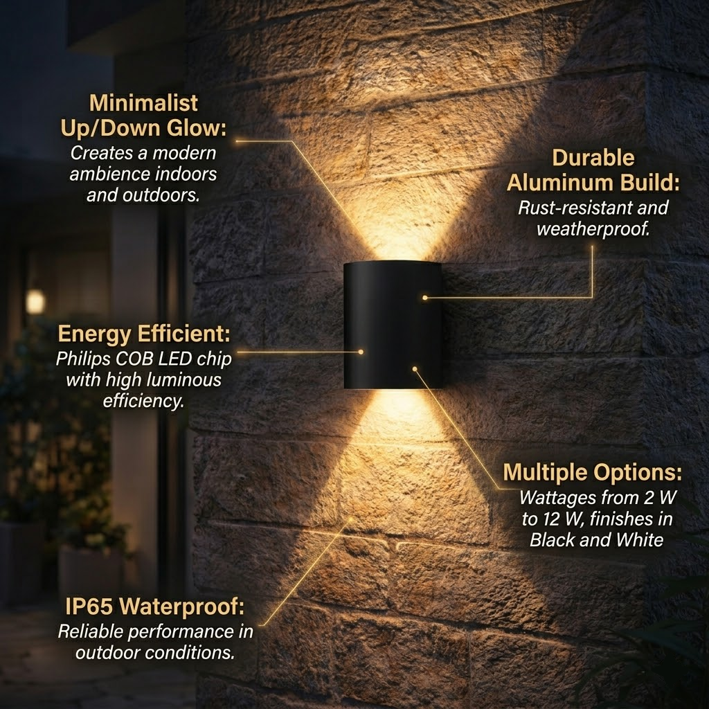 Luz de pared LED minimalista con iluminación hacia arriba y hacia abajo para interior y exterior