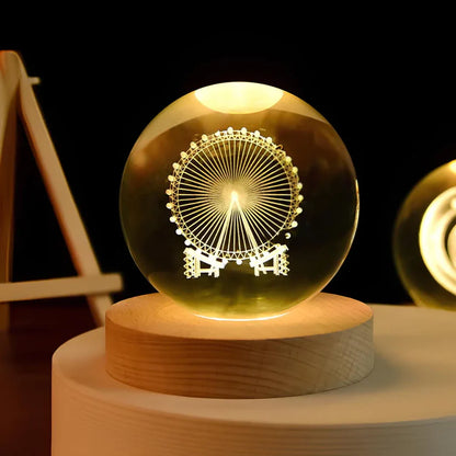 Natlampe Krystalkugle 3D Planet Indgraveret LED Bordlampe