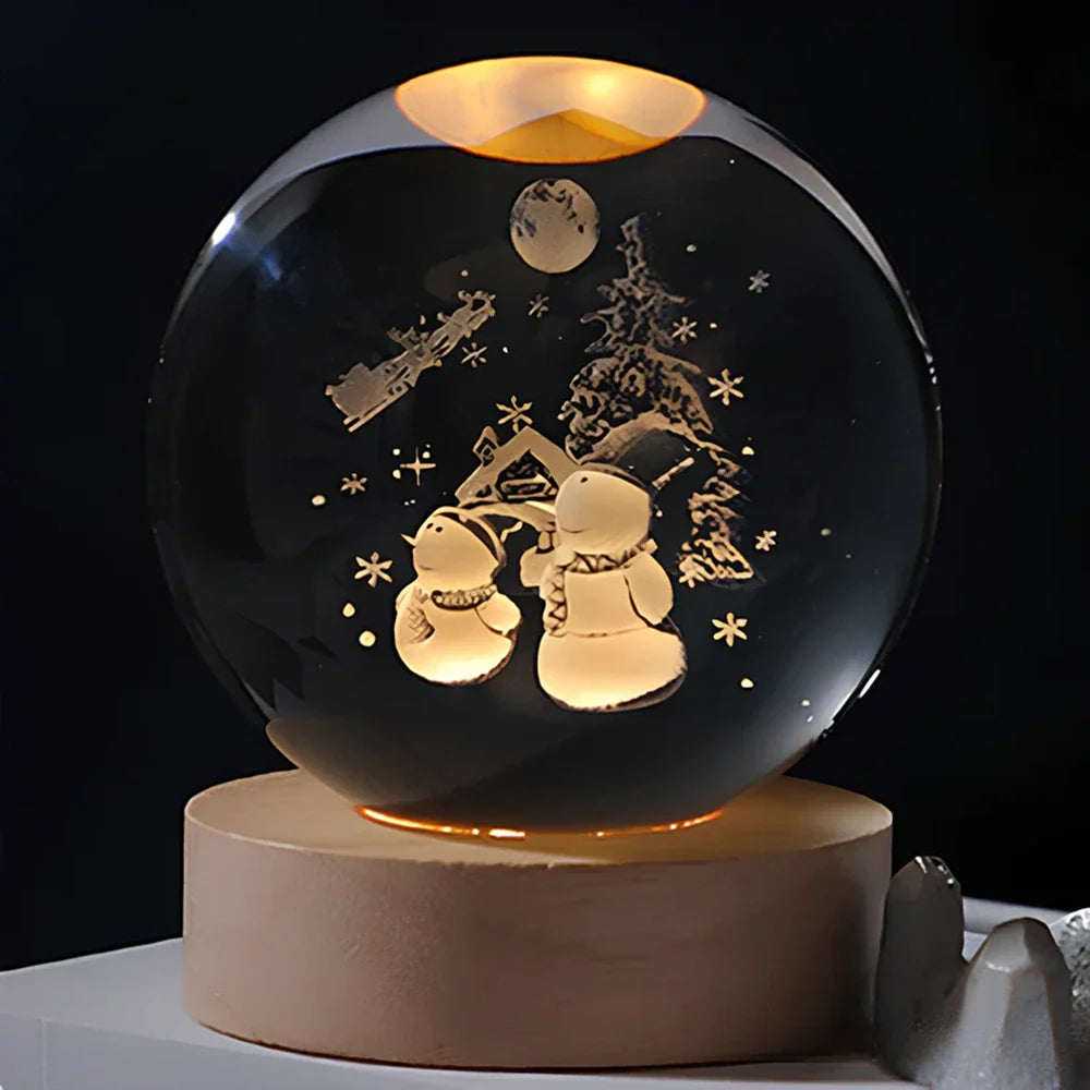 Natlampe Krystalkugle 3D Planet Indgraveret LED Bordlampe