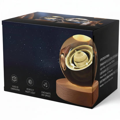 Natlampe Krystalkugle 3D Planet Indgraveret LED Bordlampe