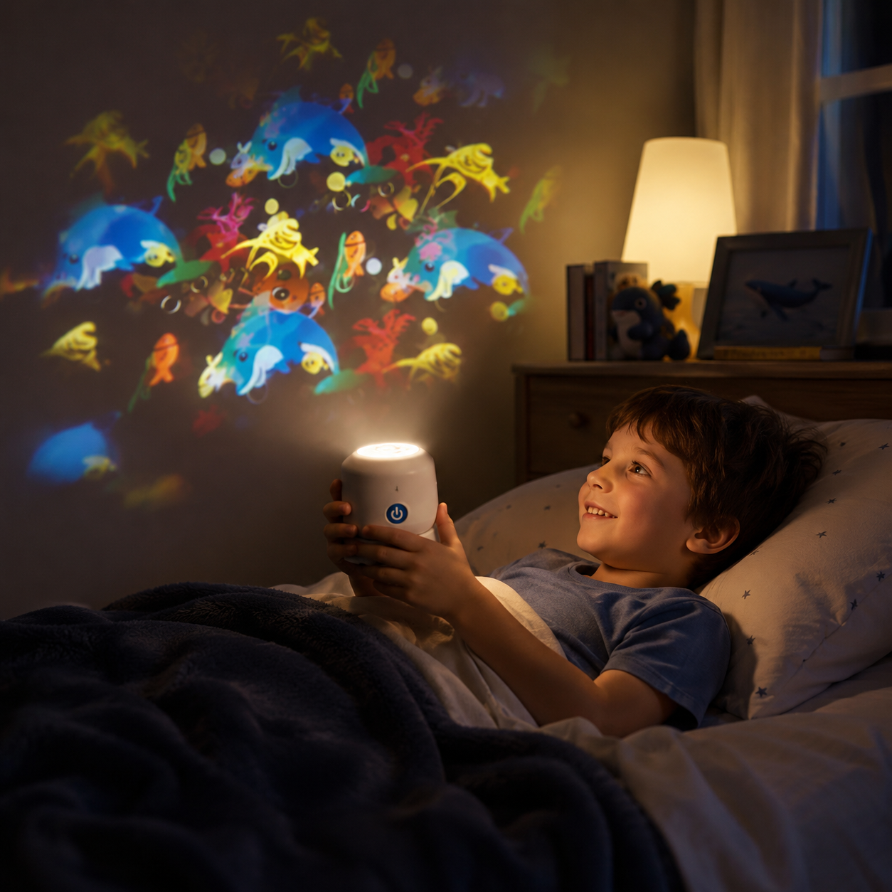 Projetor de Luz Noturna Giratório com Tema Oceano para Quarto
