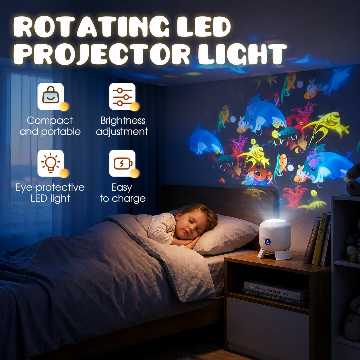 Projetor de Luz Noturna Giratório com Tema Oceano para Quarto