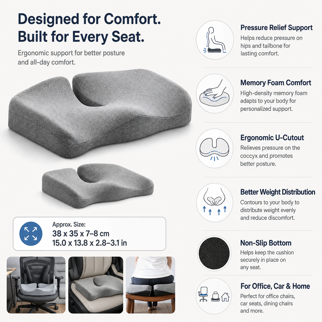 Orthopädisches Sitzkissen aus Memory-Schaum mit ergonomischem Design