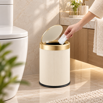 Pattumiera ovale compatta con coperchio a pressione per il bagno e la casa