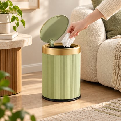 Pattumiera ovale compatta con coperchio a pressione per il bagno e la casa