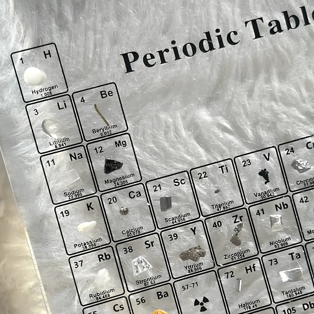 Tabel periodic din acril cu elemente reale și lumină LED