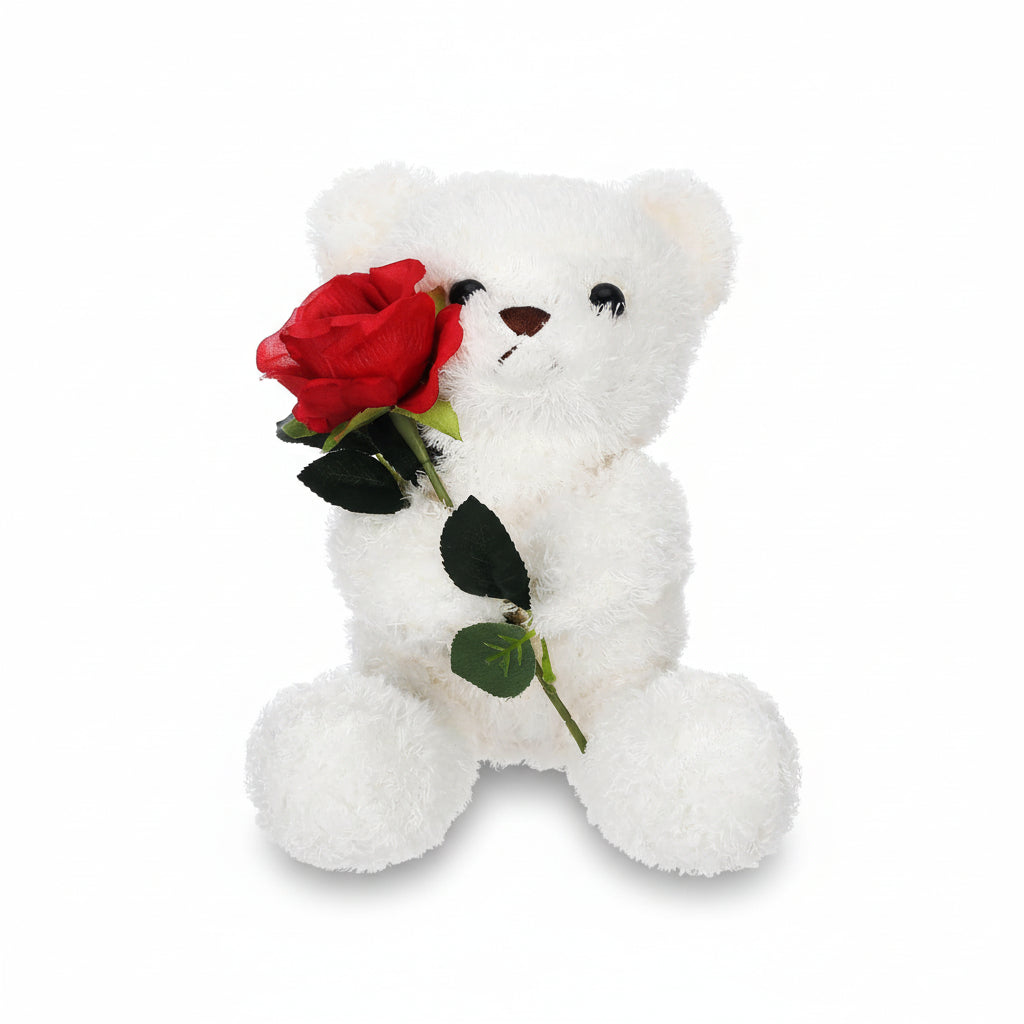 Orso di peluche di San Valentino morbido con rosa, regalo di animale imbottito