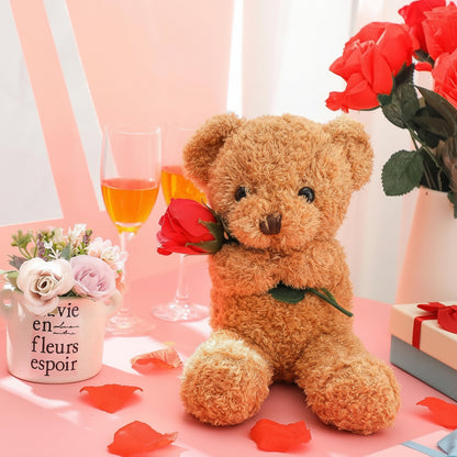 Orso di peluche di San Valentino morbido con rosa, regalo di animale imbottito
