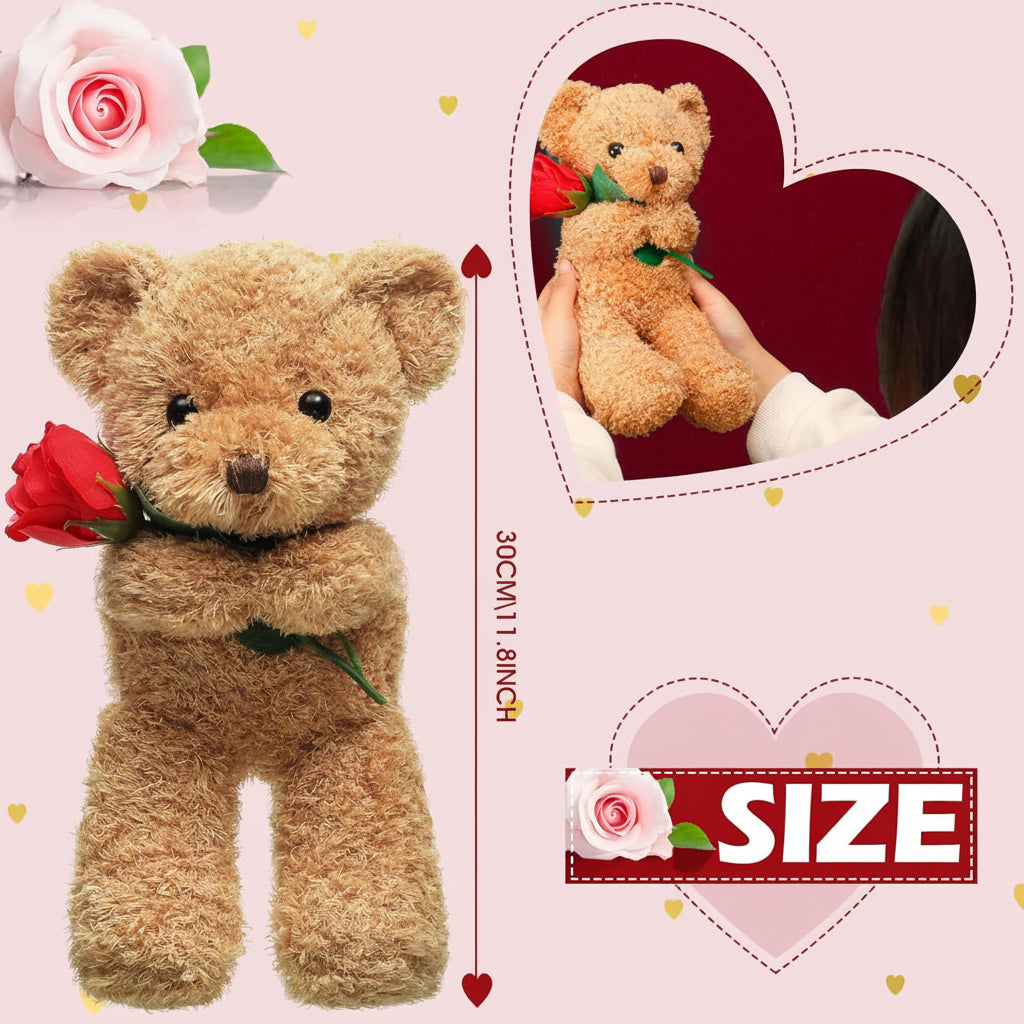 Orso di peluche di San Valentino morbido con rosa, regalo di animale imbottito