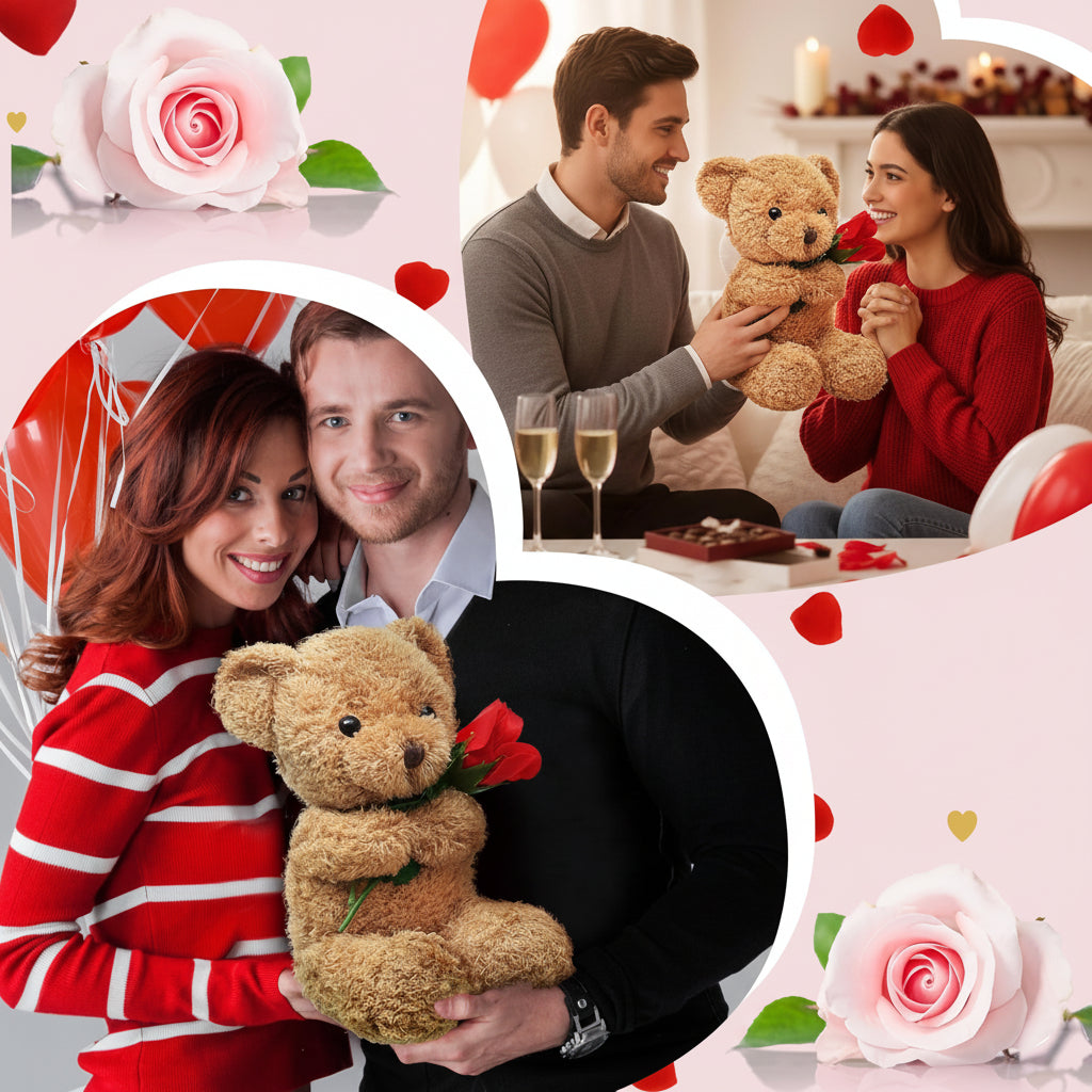 Orso di peluche di San Valentino morbido con rosa, regalo di animale imbottito