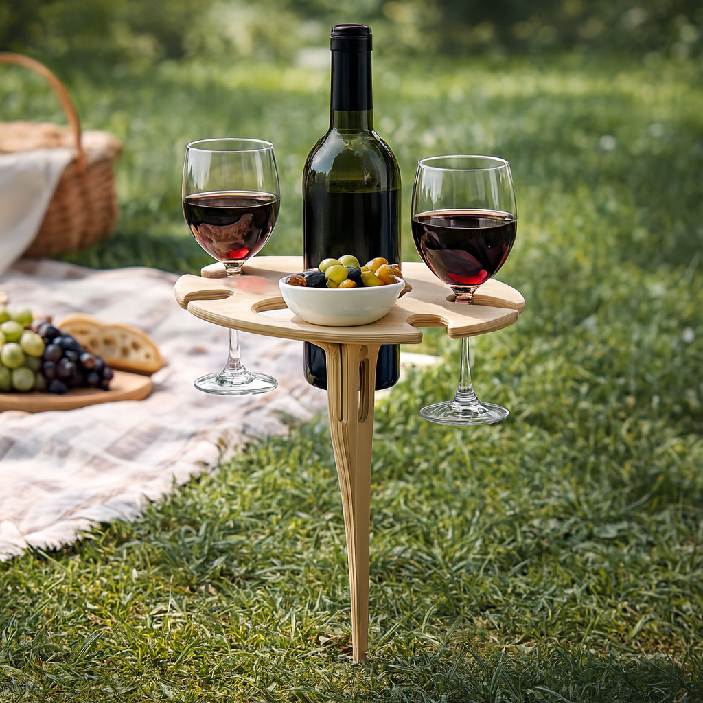 Weinhalter für Picknicktisch mit Erdspieß und Ablagefläche für Snacks im Freien
