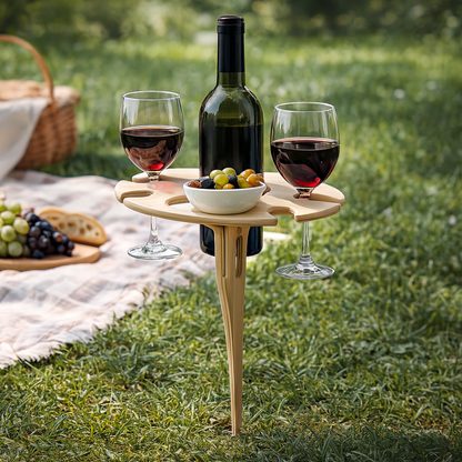 Weinhalter für Picknicktisch mit Erdspieß und Ablagefläche für Snacks im Freien