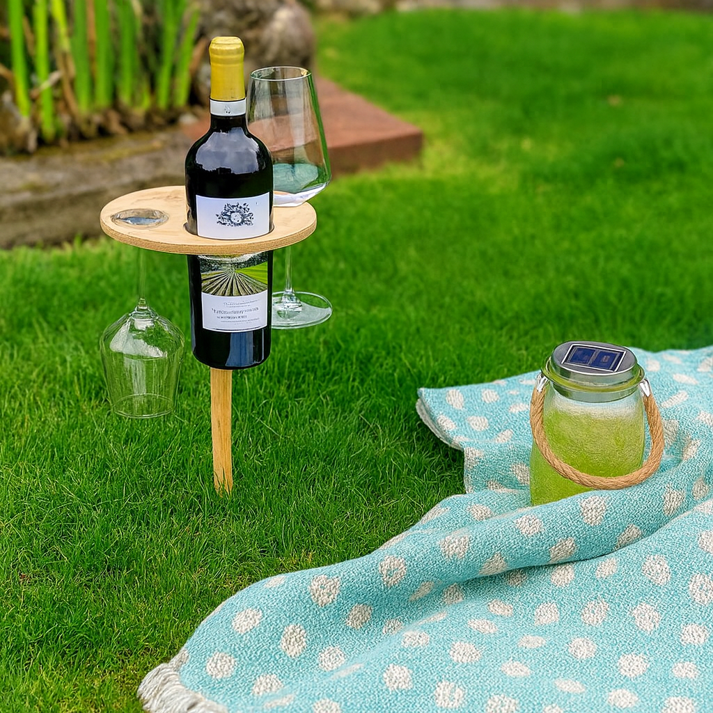 Weinhalter für Picknicktisch mit Erdspieß und Ablagefläche für Snacks im Freien