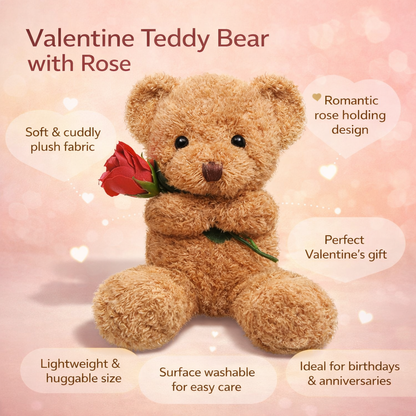 Orso di peluche di San Valentino morbido con rosa, regalo di animale imbottito