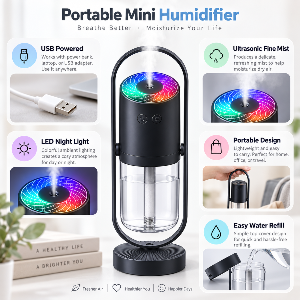 Funcție LED pentru lumină de noapte și umidificator portabil mini