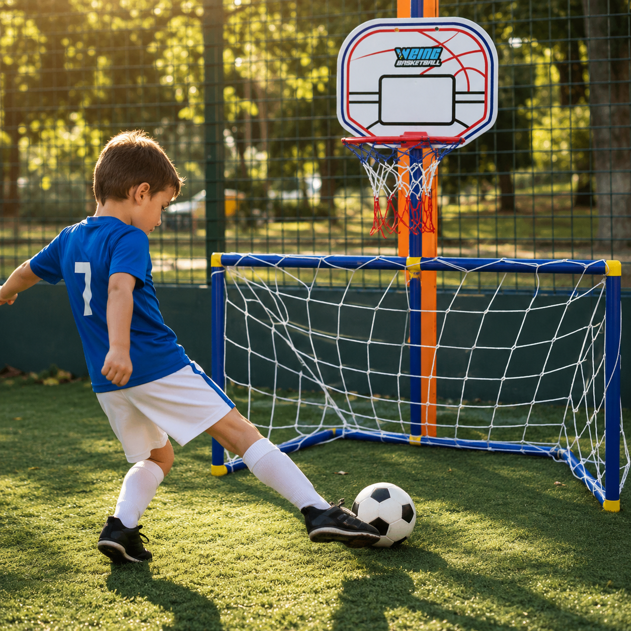 Portería portátil de fútbol y juguete de baloncesto para deportes al aire libre