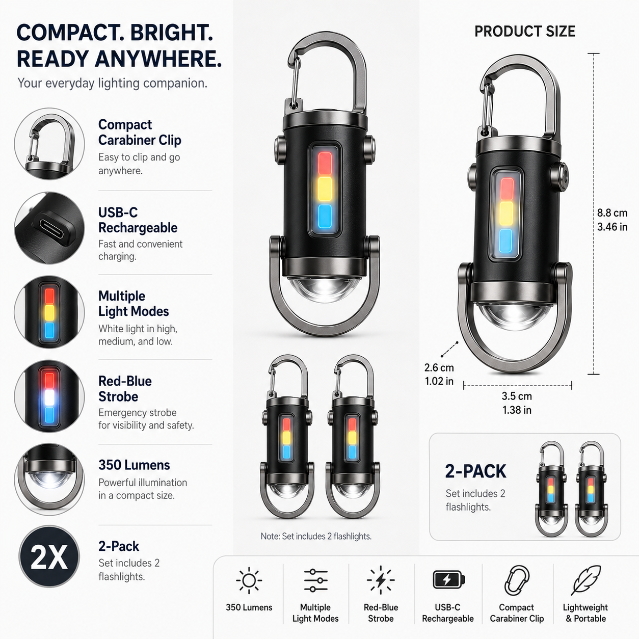 Torcia portatile LED con moschettone, design compatto