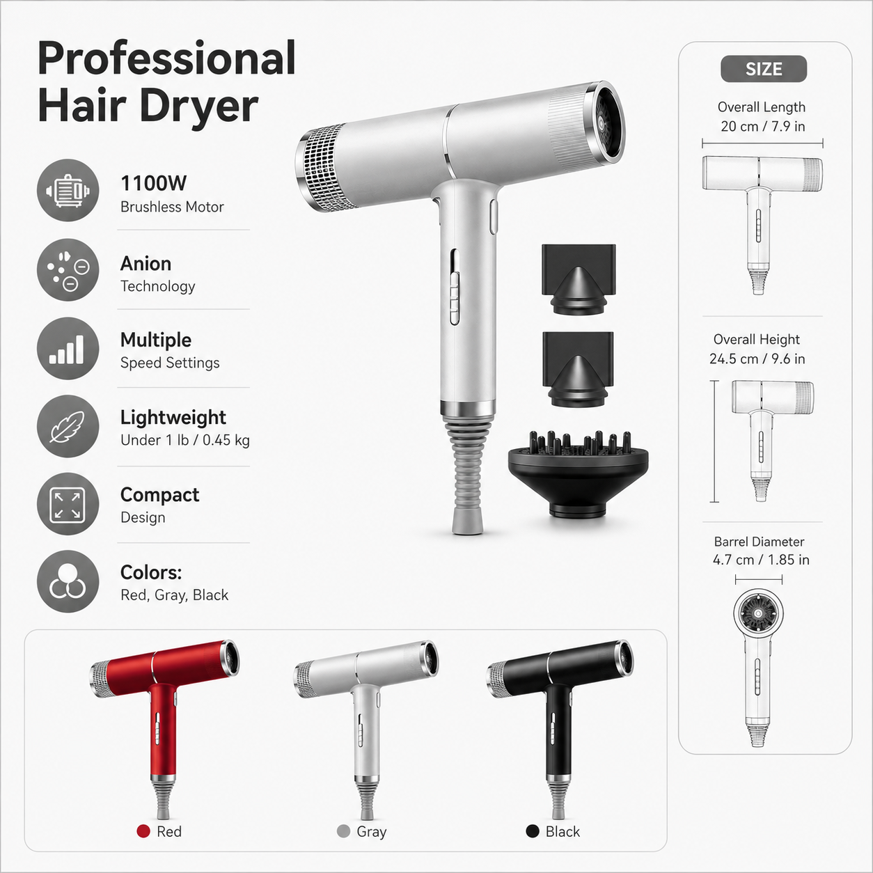 Secador de cabelo profissional leve, de alta velocidade e design compacto