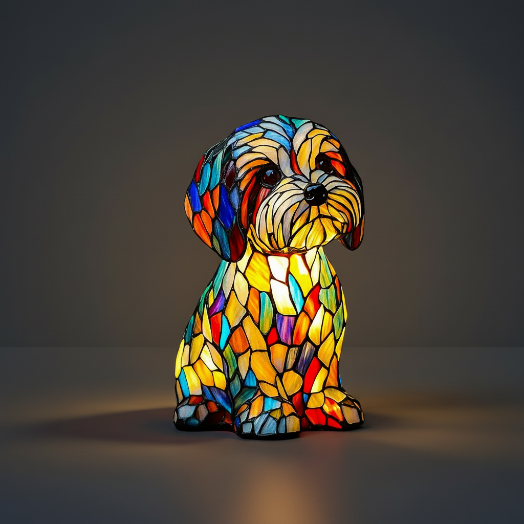 Candeeiro de Mesa LED Estatueta de Cão Vidro Colorido Luz Noturna Quarto