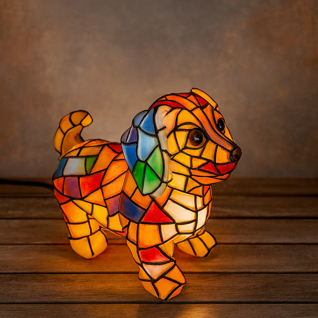 Lampada da tavolo con statuetta di cane in resina, luce decorativa d'accento