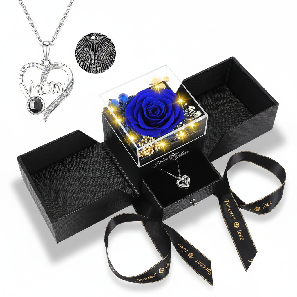 Rosen-Geschenkbox mit konservierter ewiger Blume, LED-Licht und Liebes-Halskette