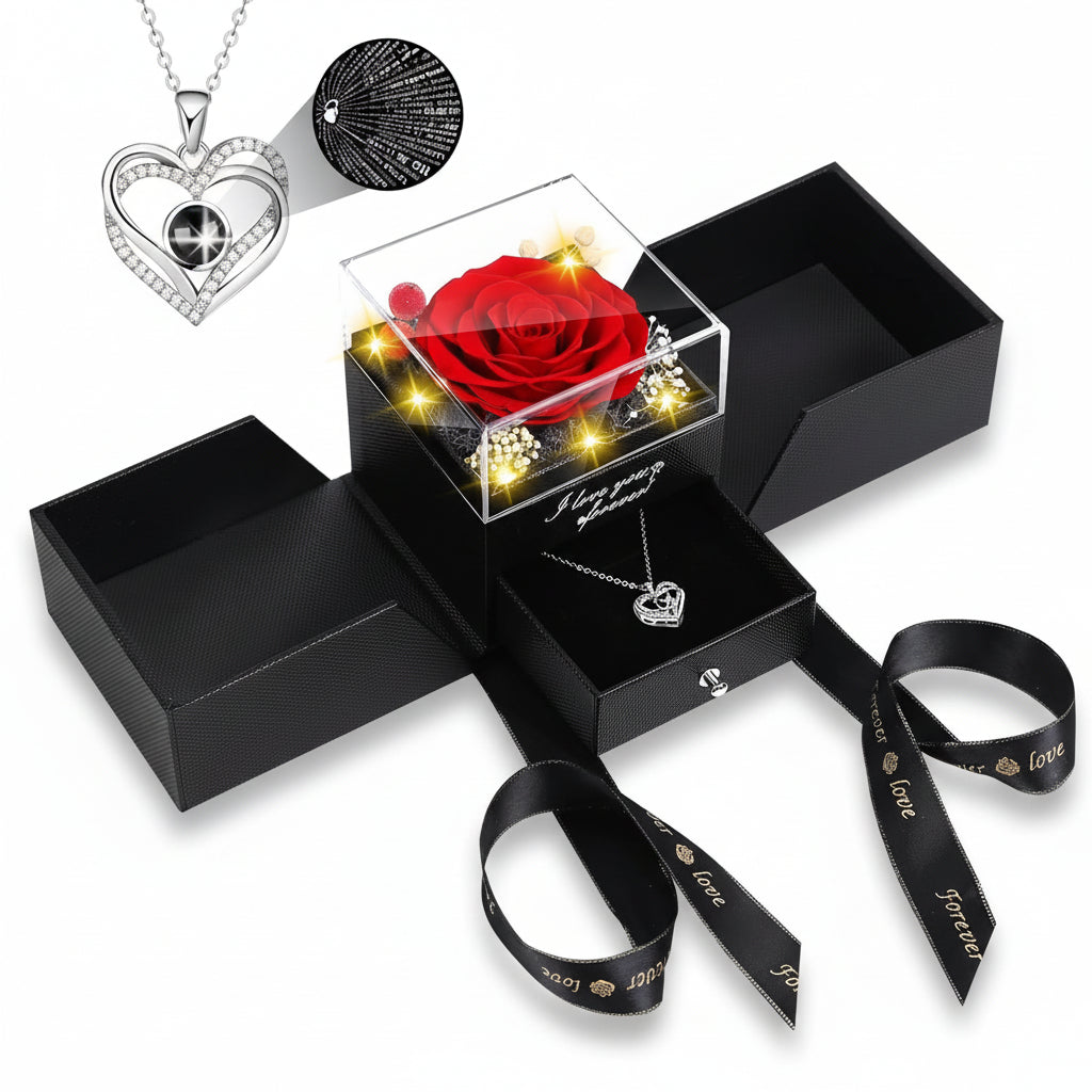 Rosen-Geschenkbox mit konservierter ewiger Blume, LED-Licht und Liebes-Halskette