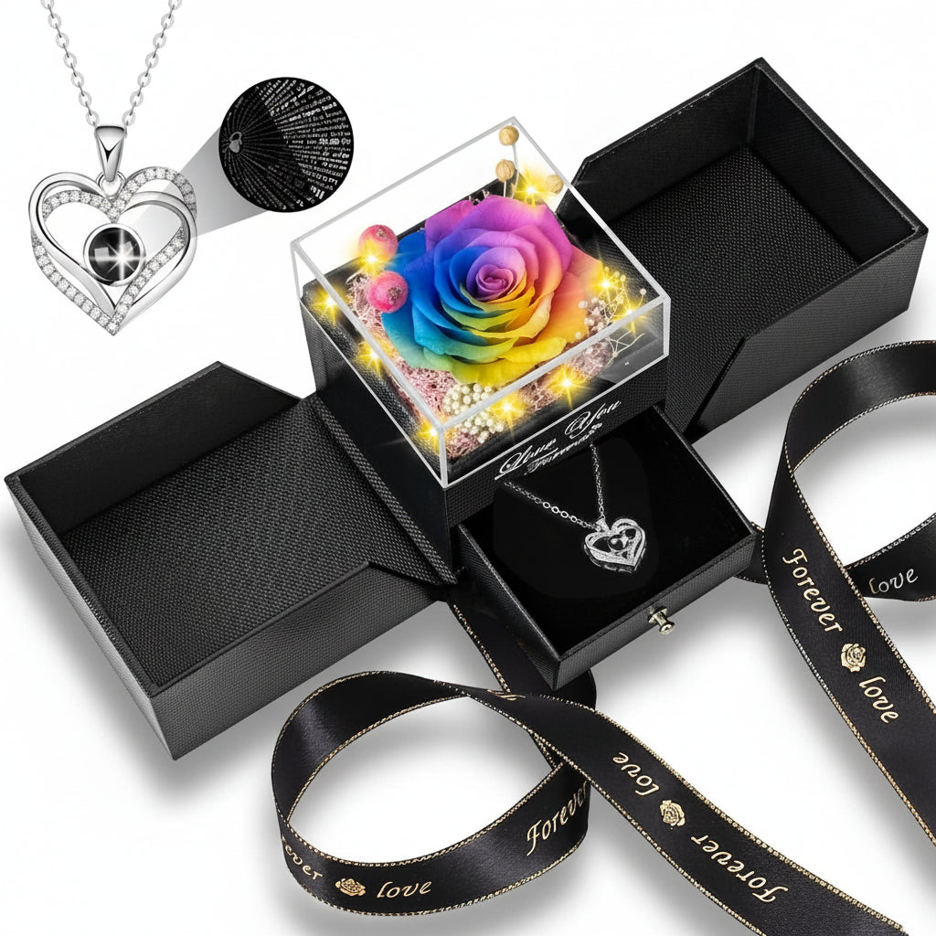 Rosen-Geschenkbox mit konservierter ewiger Blume, LED-Licht und Liebes-Halskette