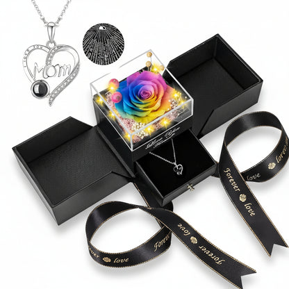 Rosen-Geschenkbox mit konservierter ewiger Blume, LED-Licht und Liebes-Halskette
