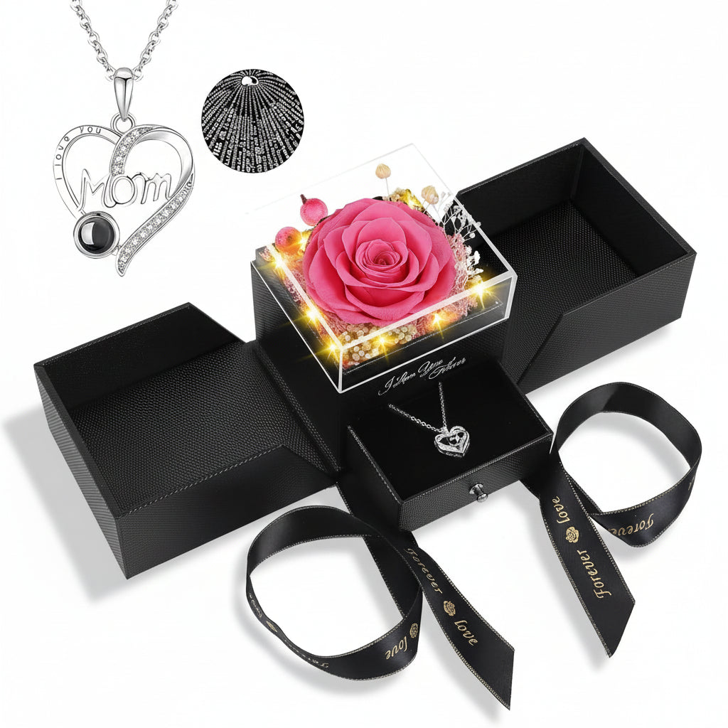 Rosen-Geschenkbox mit konservierter ewiger Blume, LED-Licht und Liebes-Halskette