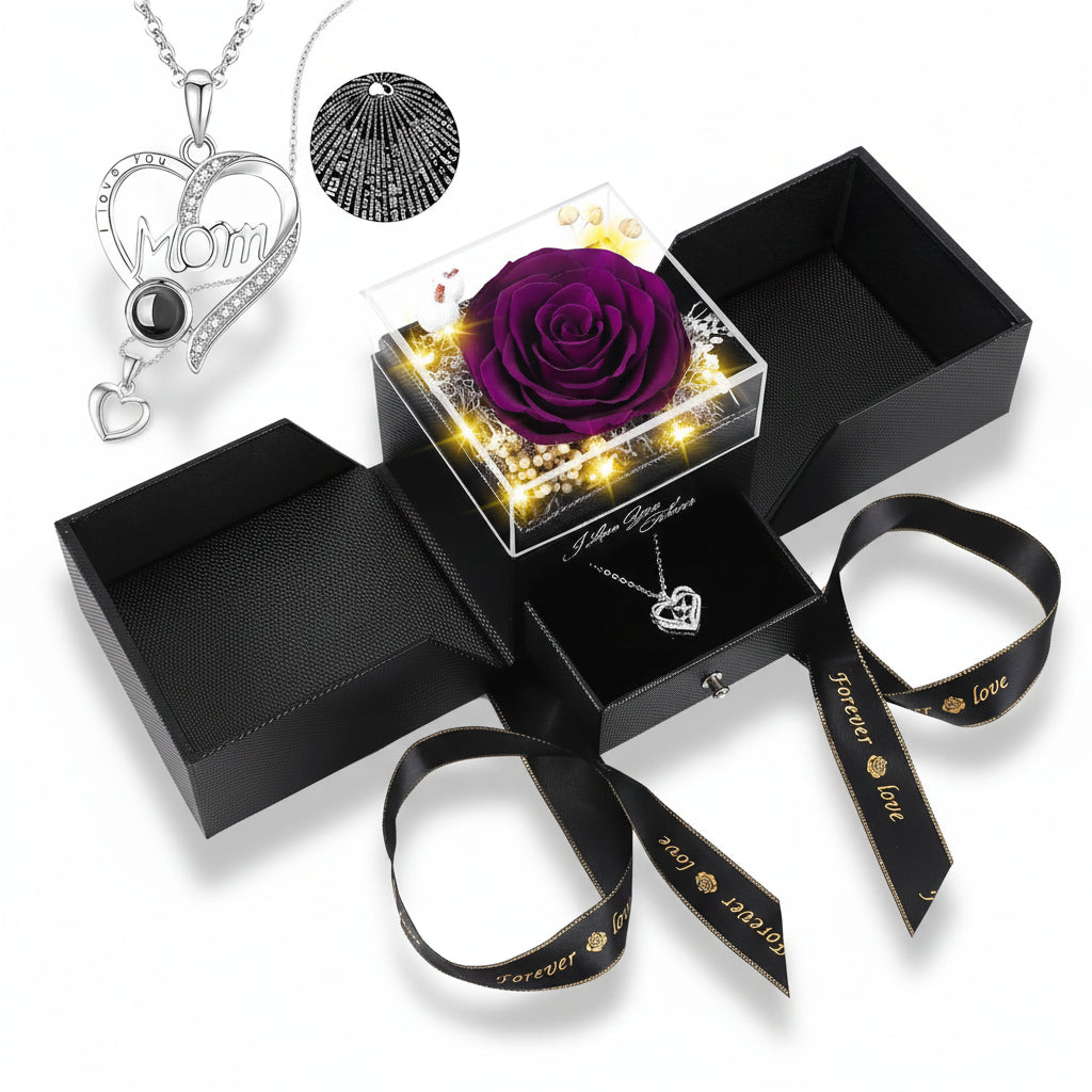 Rosen-Geschenkbox mit konservierter ewiger Blume, LED-Licht und Liebes-Halskette