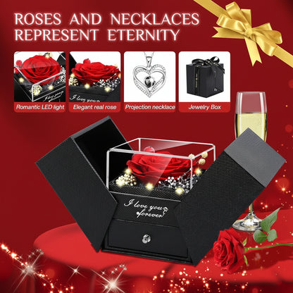 Rosen-Geschenkbox mit konservierter ewiger Blume, LED-Licht und Liebes-Halskette
